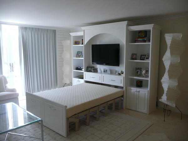 Zoom room bed open in georgeous white custom cabinet